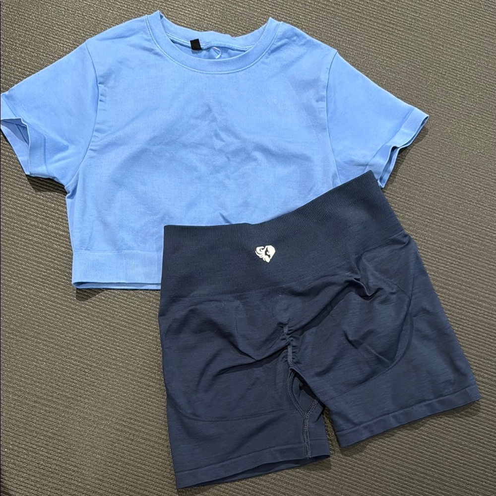 SET - Stylish Blue Crop Top with Unique Back Design + shorts